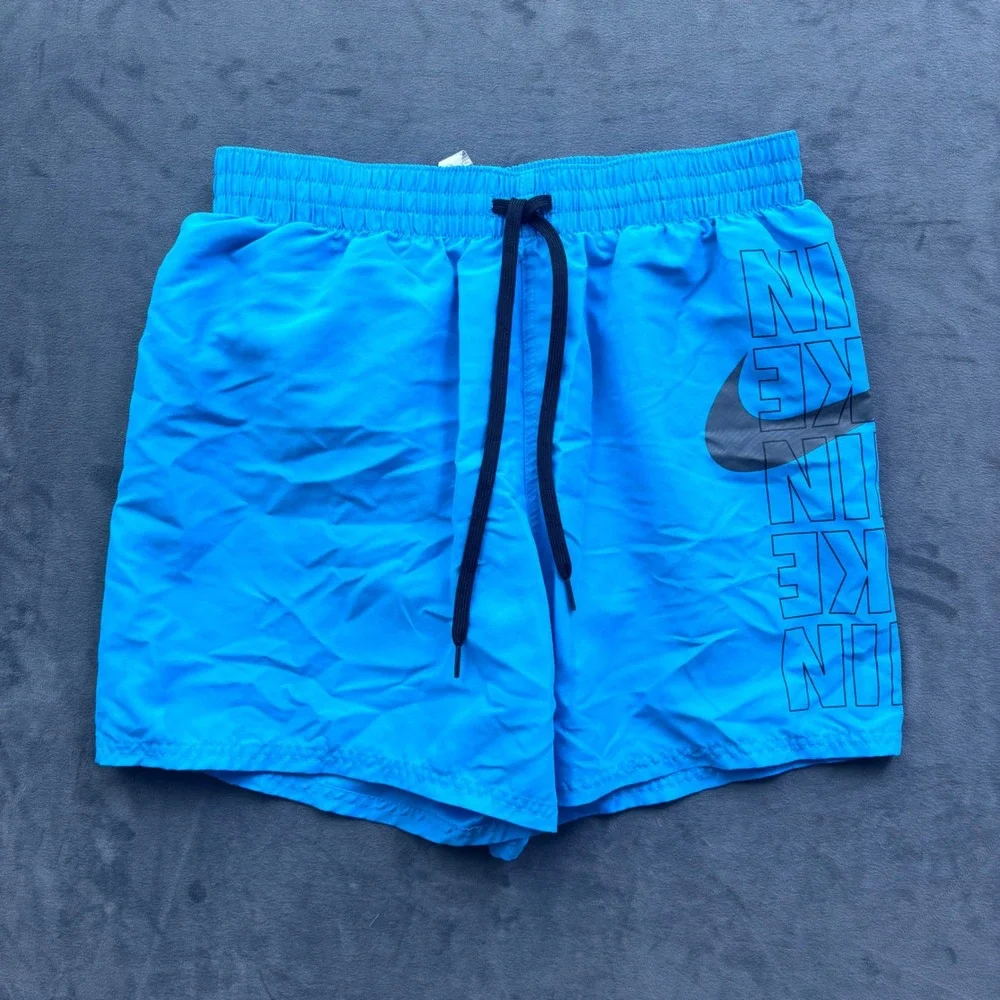Nike Mens Blue Stacked Logo Swim Trunks Mesh Lined Board Shorts Size M